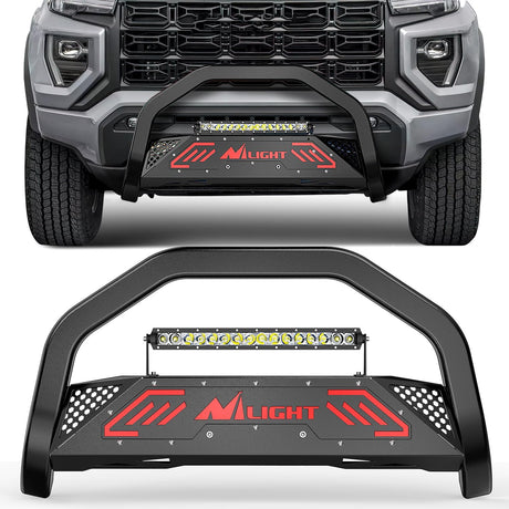 Bull Bar with Light fits Chevy Colorado (Excl. ZR2) 2015-2022 & GMC Canyon 2015-2022 Front Bumper Grille Brush Push Guard with Skid Plate Licence Plate Hole Black