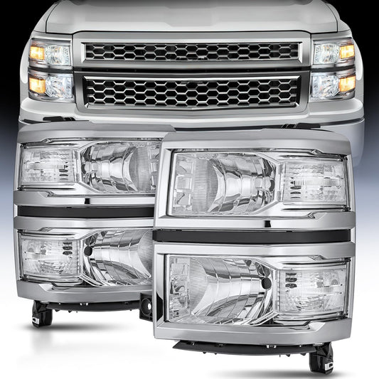 2014 2015 Chevy Silverado 1500 Headlight Assembly Chrome Housing Clear Reflector Nilight