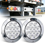 Trailer Tail Lights 2PCS 4Inch Round 12LED White Chrome Frame | IP67 Waterproof Marker Clearance Reverse Backup Running Taillights for Trailer Truck Pickup Camper RV