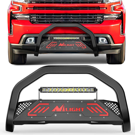 Bull Bar with Light fits 2007-2018 Chevy Silverado GMC Sierra 1500, 2007-2020 Chevy Tahoe Suburban&Yukon/Yukon XL Front Bumper Grille Brush Push Guard with Skid Plate Licence Plate Hole Black