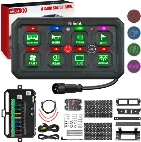 8 Gang Switch Panel Green Circuit Control Relay System with Fuse Wiring Harness Toggle Momentary Strobe Flash Modes Automatic Dimmable ON Off Pod 12V 24V for Car Truck Camper SUV