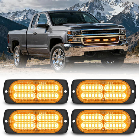 4PCS 24LED Emergency Strobe lights 12V 24V Amber Surface Mount Grille Hazard Safety Warning Light Sync Feature Side Flashing Marker Flash for Car Truck Campers
