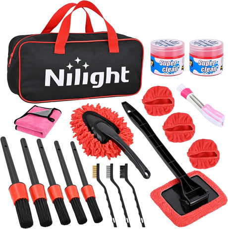 Automotive Tools 15PCS Car Detailing Kit Auto Cleaning Tools Wash Set with Storage Carry Bag Beginners Easy to Use for Interior Exterior Car Care Clean Windshield Dashboard Seat Air Vents Wheels Tires, Red