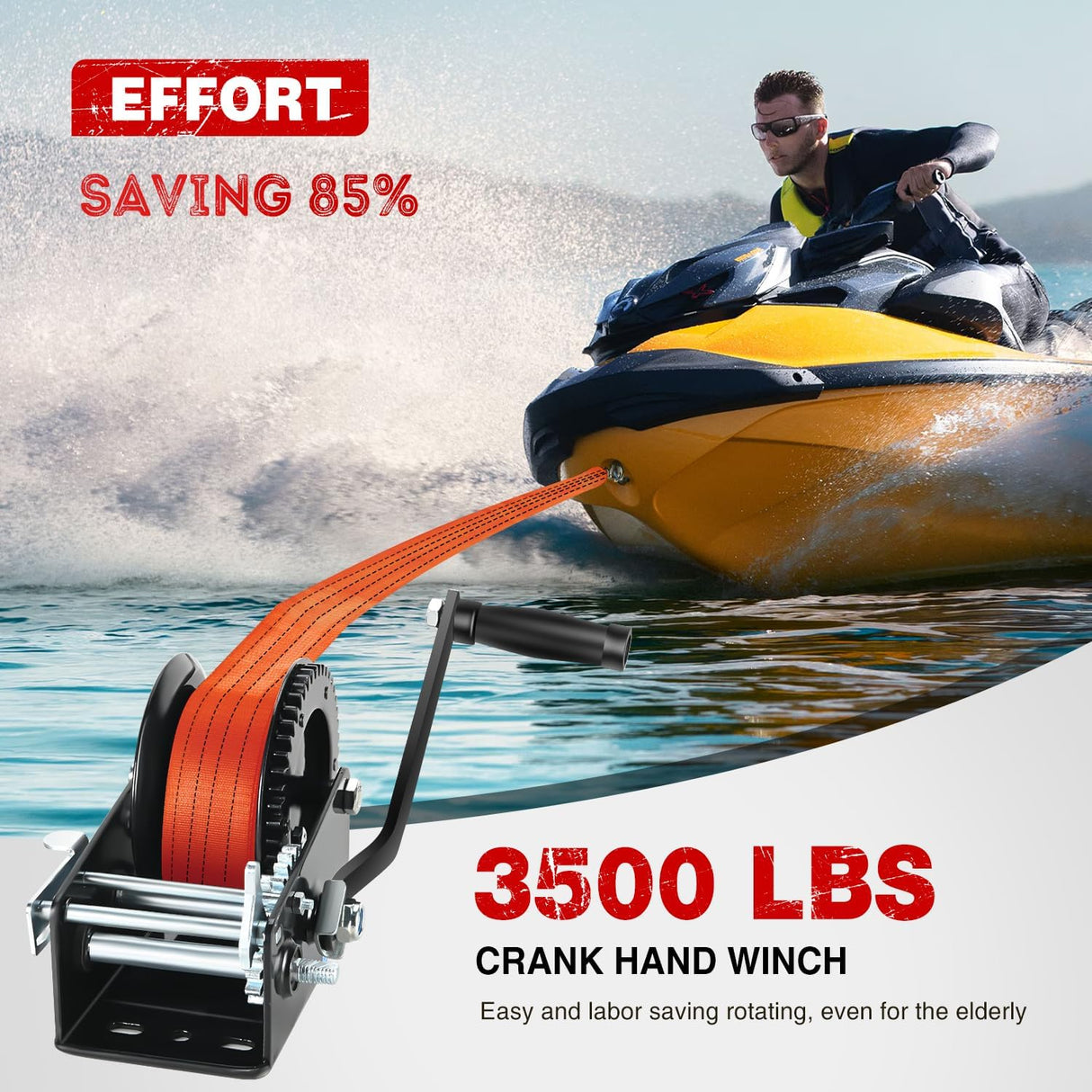 Boat Trailer Winch 3500 LBS Hand Crank Winch Heavy Duty Boat Winches with 33 FT Orange Strap Rope Hook Two Way Ratchet 4:1 8:1 Gear Portable Marine Manual Winch for Trailers Boat RV ATV Towing