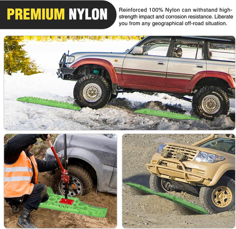 Recovery Off-road Traction Boards with Jack Lift Base Emergency Tire Ladder Mats For 4WD 4X4 Mud Sand Snow with 2PCS Mounting kit Carry Bag 2 leashes (Green)