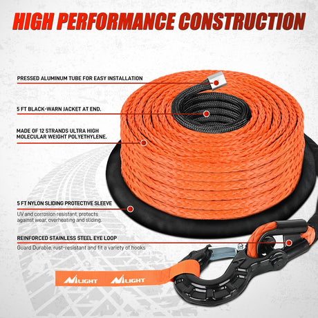 Synthetic Winch Rope Kit 3/8 Inch X 92 Inch 25000 lb with Black Jacket Rope Protective Sleeve Forged 35000lb Winch Hook Safety Strap Winch Cable Line for OffRoad Vehicle Recovery Truck SUV ATV, Orange