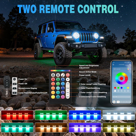 RGBW LED Rock Lights Kit, 8 Pods 22LED Wide Angle Remote & Bluetooth App Dual Control with Music Modes Multicolor Underglow Neon Wheel Well Light Fit for ATV UTV SUV Offroad Truck RZR Boat
