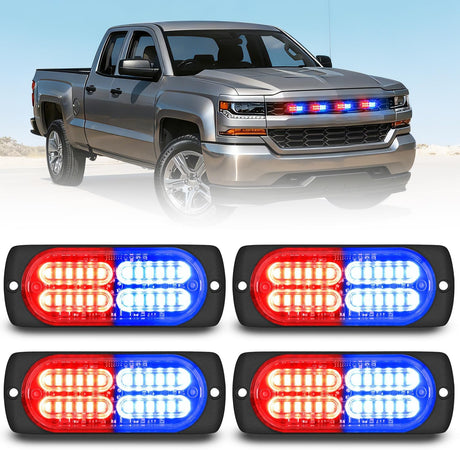4PCS 24LED Emergency Strobe lights 12V 24V Red Blue Surface Mount Grille Hazard Safety Warning Light Sync Feature Side Flashing Marker Flash for Car Truck Campers