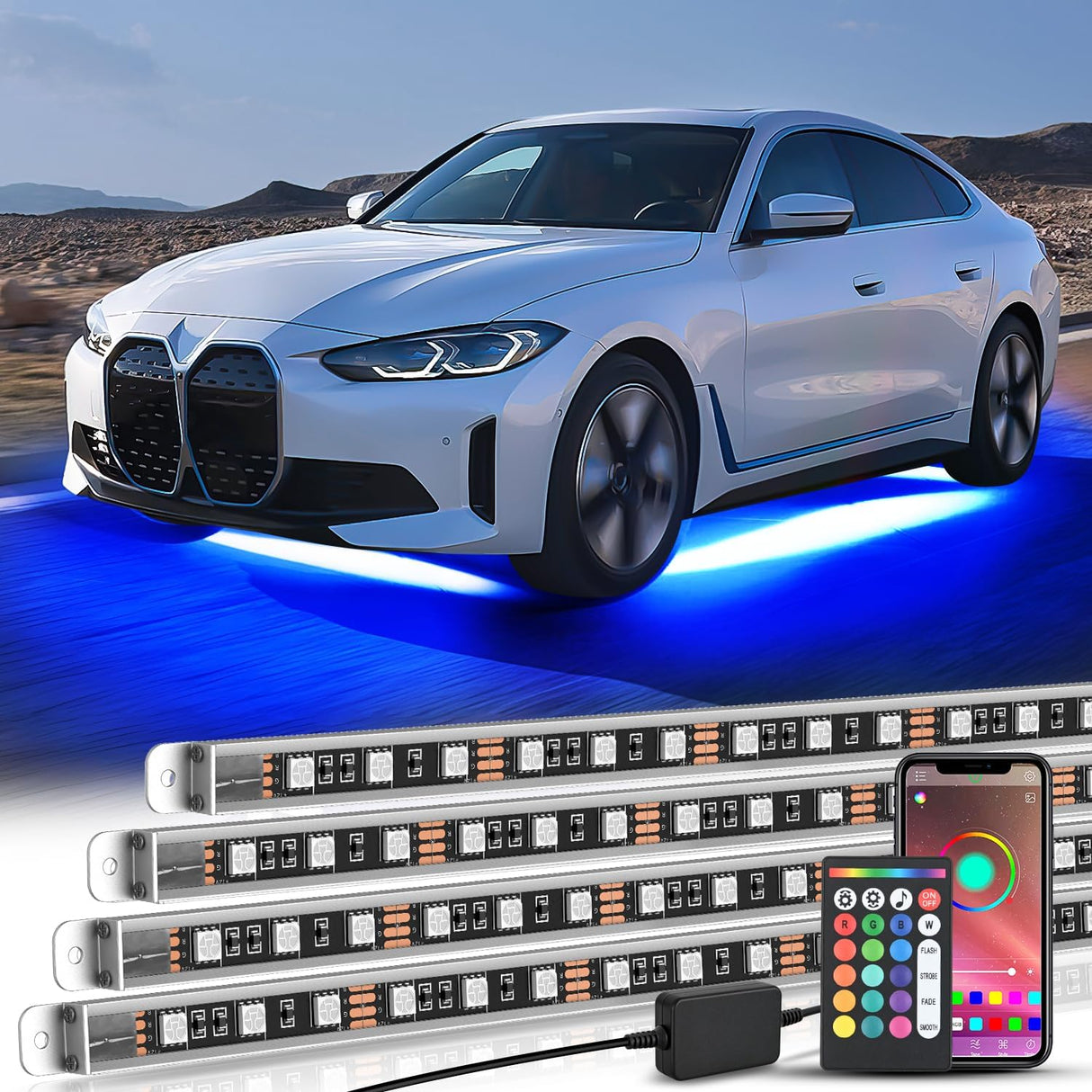 4Pcs Aluminum Underglow Neon Accent Strip Lights 396 LEDs RGB Door Assist Multi Color DIY Sound Active Function Music Mode with APP and Remote Control Underbody Light Strips for Car Truck RV