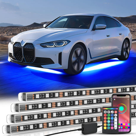 4Pcs Aluminum Underglow Neon Accent Strip Lights 396 LEDs RGB Door Assist Multi Color DIY Sound Active Function Music Mode with APP and Remote Control Underbody Light Strips for Car Truck RV