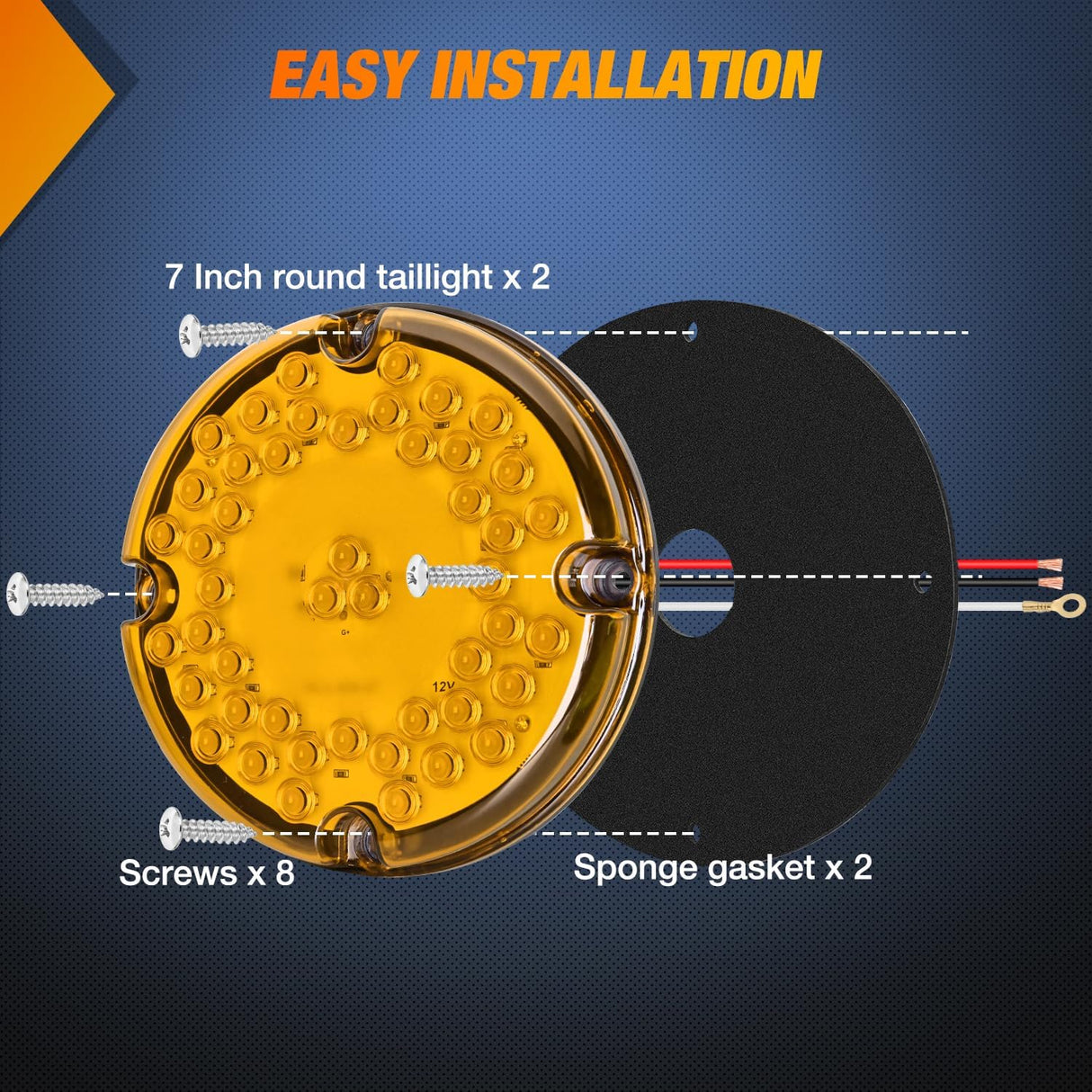 Tail Lights 2PCS 7Inch Round 47LED Amber Reflex Lens | IP67 Waterproof Marker Clearance Turn Signal Running Taillights for Trailer Truck Pickup Camper RV Bus