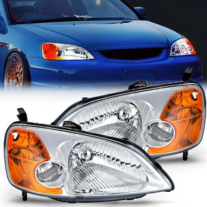2001 2002 2003 Honda Civic Headlight Assembly Chrome Case Amber Reflector Clear Lens