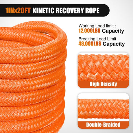 Kinetic Recovery Tow Rope Kit with 2 Soft Shackle 1 Inch x 20ft Heavy Duty Offroad Tow Rope Snatch Strap Towing Strap kit 48,000LBS for UTV ATV SUV Truck Car Jeep Tractor