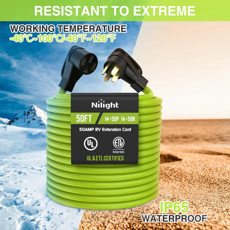 50FT 50 Amp RV Extension Cord 250V Heavy Duty 6/3+8/1 Gauge Pure Copper STW Wire UL ETL Listed 4 Prong 14-50P 14-50R Weatherproof Suit for EV Trailer Campers Bright Green