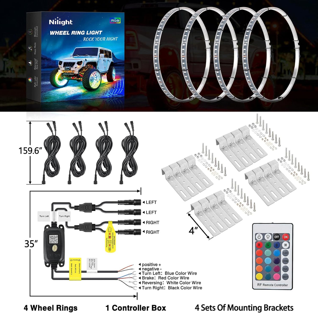 15.5 Inch LED Wheel Ring Lights Single Row RGB APP Remote Control 4Pcs Nilight