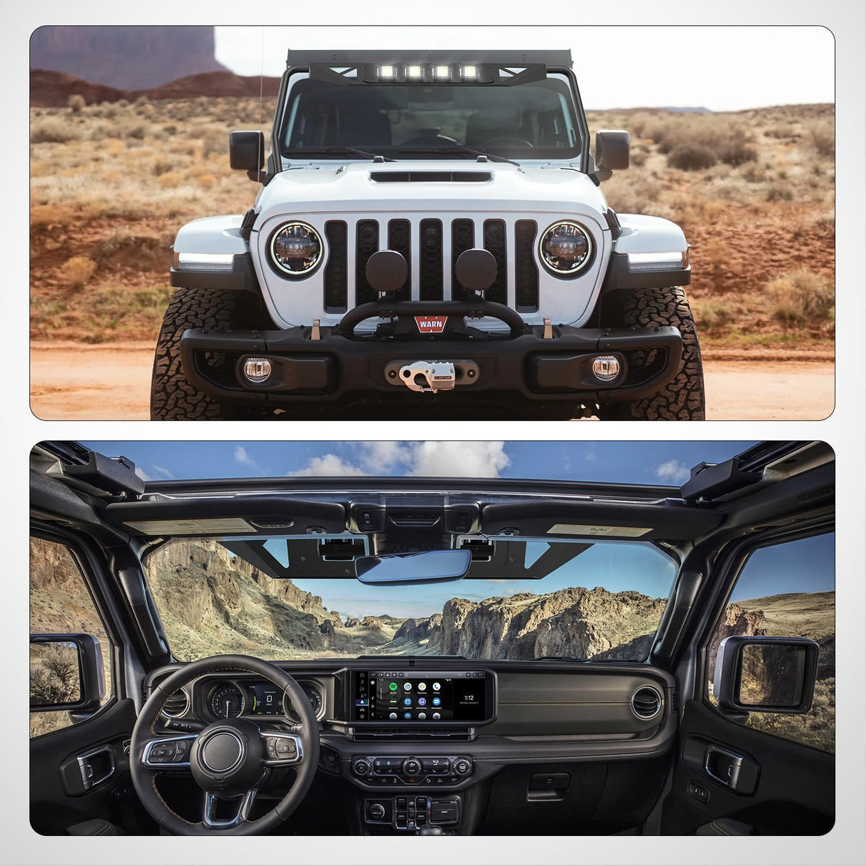 Windshield Frame Cover with 4 x LED Lights Insert Roof Sun Visor Cowl Body Armor Compatible with 2018-2026 Jeep Wrangler JL JLU & Gladiator JT (Excluding JL 4xe & JT Mojave)