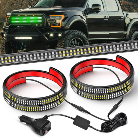 2PCS 24 inch Truck Grille Strobe Lights Strip 384 LED Emergency Light Green White Flexible Side Flashing Warning Caution Safety Waterproof Lighting Kit for Trucks Tow Plow Construction Vehicle