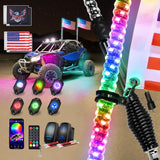 RGB LED Whip Light 2PCS 3FT with 6 Rock Lights Combo | APP and Remote Control with DIY Chasing Patterns Turn Signal Brake Reverse Functions and Spring Base for ATV UTV Jeep