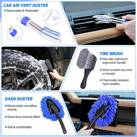 Automotive Tools 27PCS Car Detailing Kit Auto Cleaning Tools Wash Set with Storage Carry Bag Home Use for Interior Exterior Deep Clean Polish Car Care Windshield Dashboard Seat Air Vents Wheels Tires, Blue