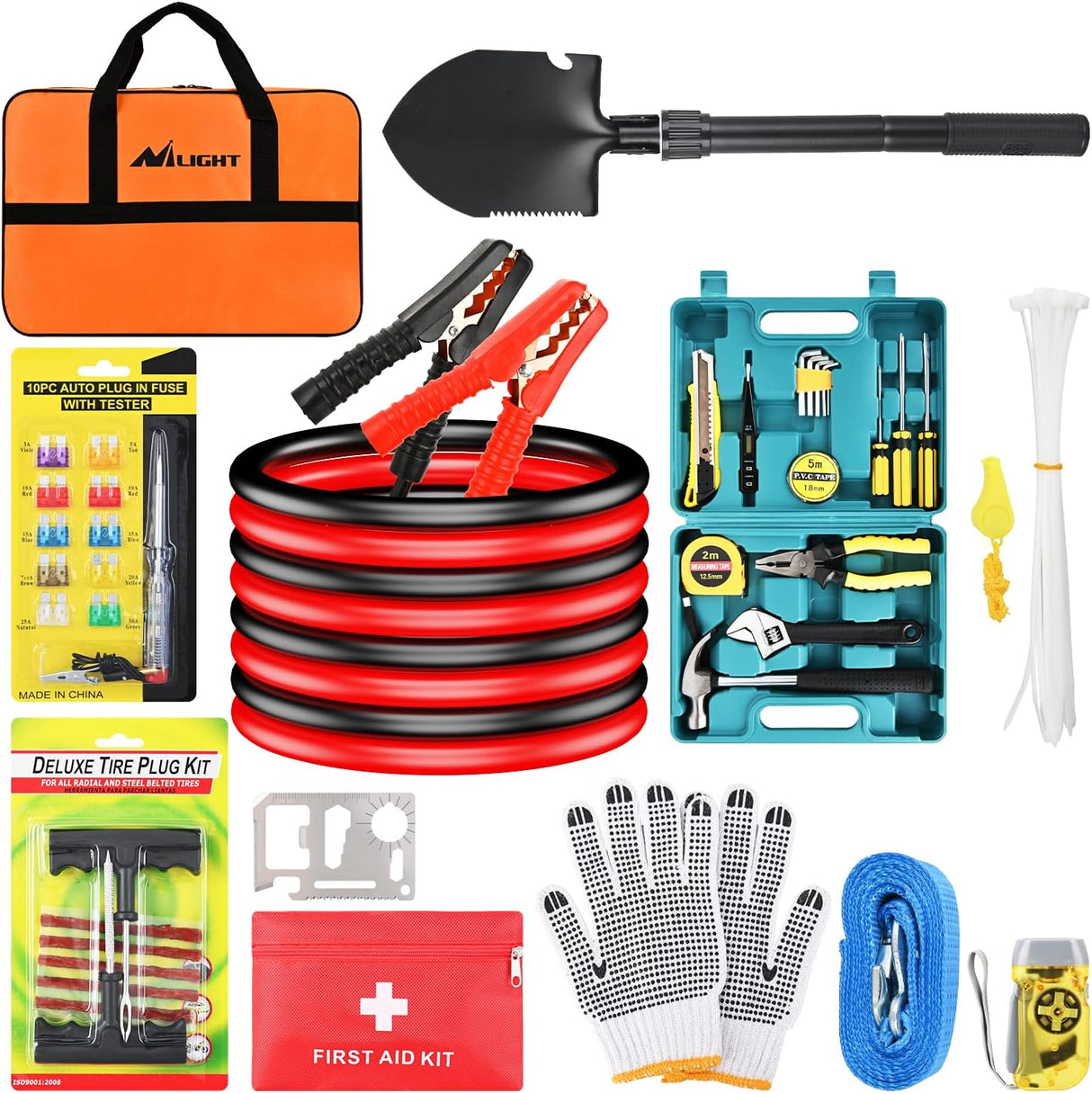Car Emergency Kit with Jumper Cable Air Compressor Tire Repair Essential Tools First Aid Alligator Connector Electrical Kit for Travel Camping Outdoor Cars Truck SUV RV