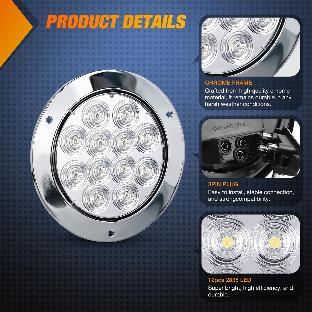 Trailer Tail Lights 2PCS 4Inch Round 12LED White Chrome Frame | IP67 Waterproof Marker Clearance Reverse Backup Running Taillights for Trailer Truck Pickup Camper RV