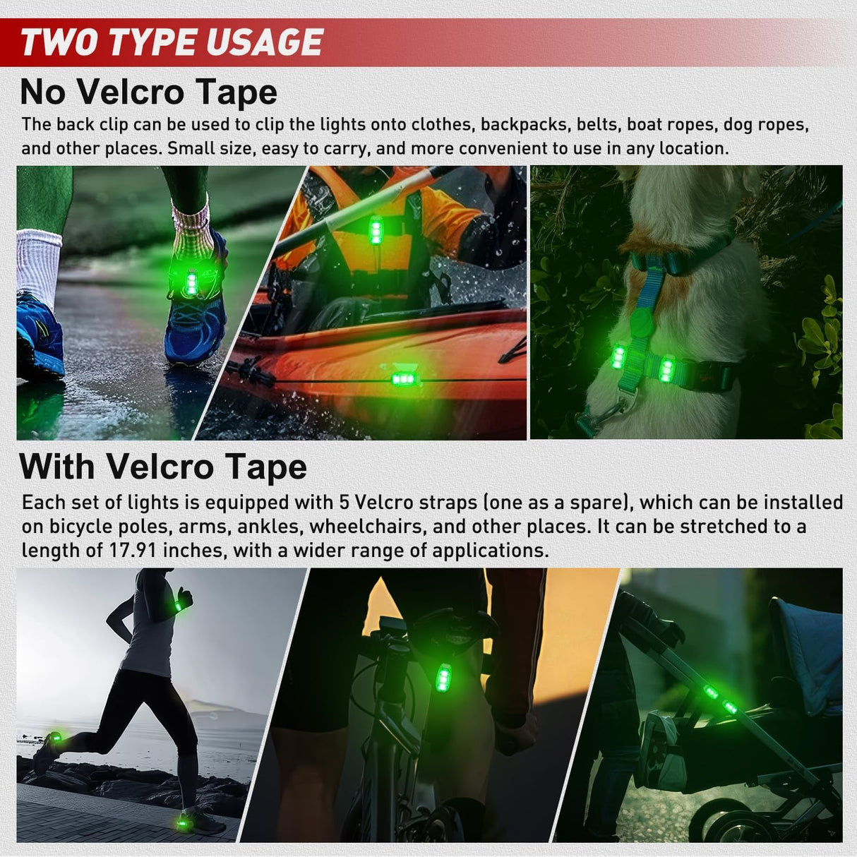 LED Safety Light 4PCS Green Marine Navigation Bike Tail Lights Three Modes Waterproof Reflective Gear Clip On Flash Strobe Indicator Lamp for Night Boating Fishing Cycling Jogging