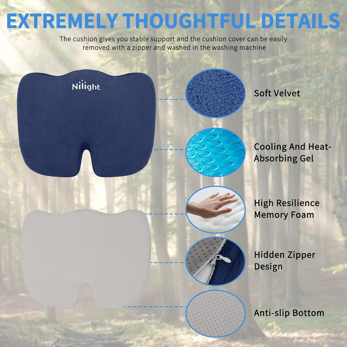Car Seat Cushion Blue Velvet Gel Memory Foam Seats Soft and Comfortable Suitable for Daily Life and Driving Relieves Sciatica and Tailbone Pain Improves Drive Vision