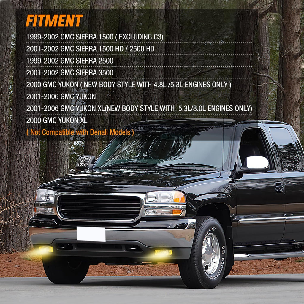 Fog Light Assembly Fog Light Assembly For 1999 2000 2001 2002 GMC Sierra 1500 2500 2001 2002 Sierra 1500HD 2500HD 3500 2000-2006 Yukon Fog Lamp Amber Lens