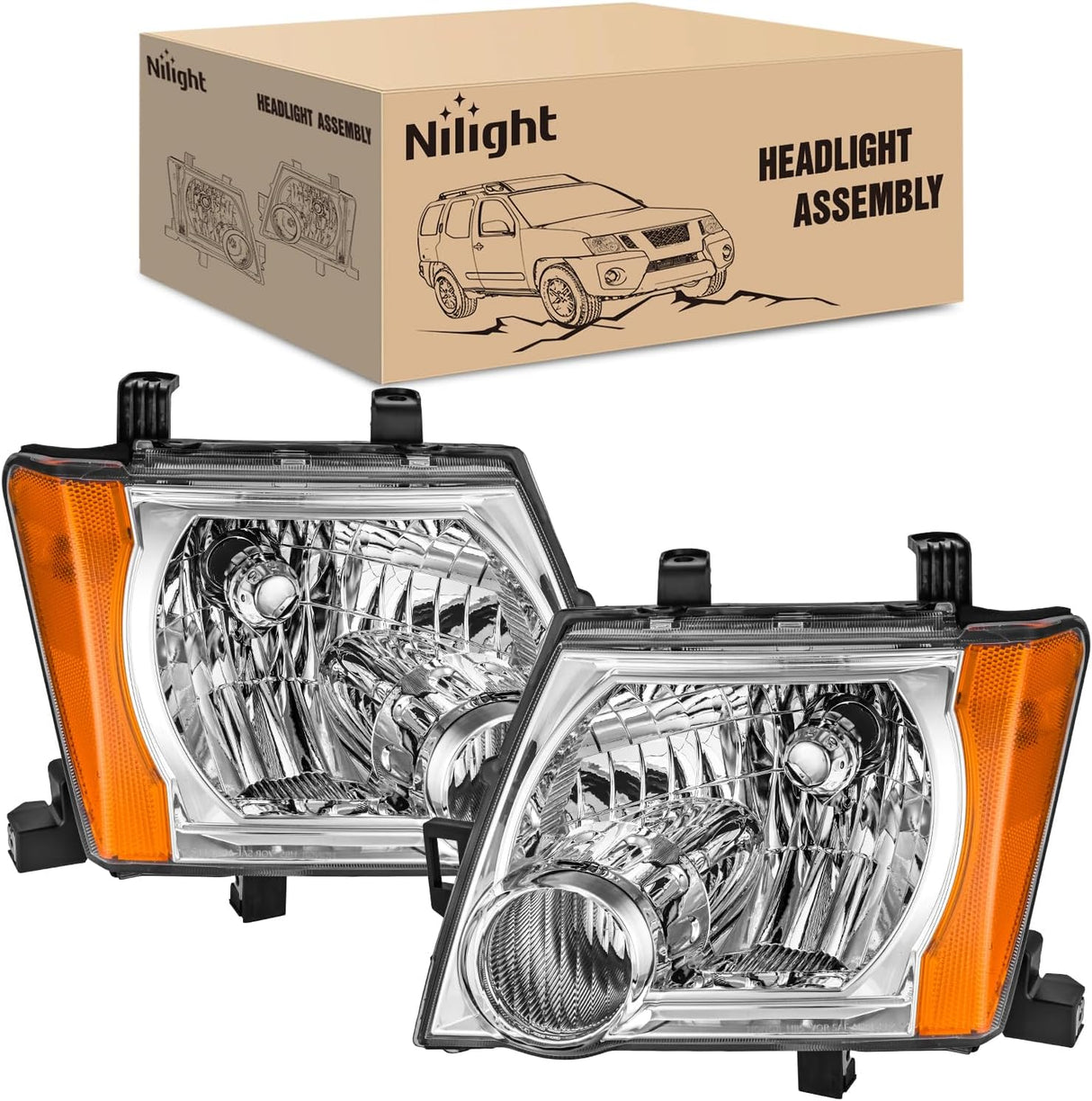Headlight Assembly Compatible with 2005-2015 Nissan Xterra | 2005-2015 Nissan Xterra OE Style Replacement Chrome Housing Amber Reflector Headlamp