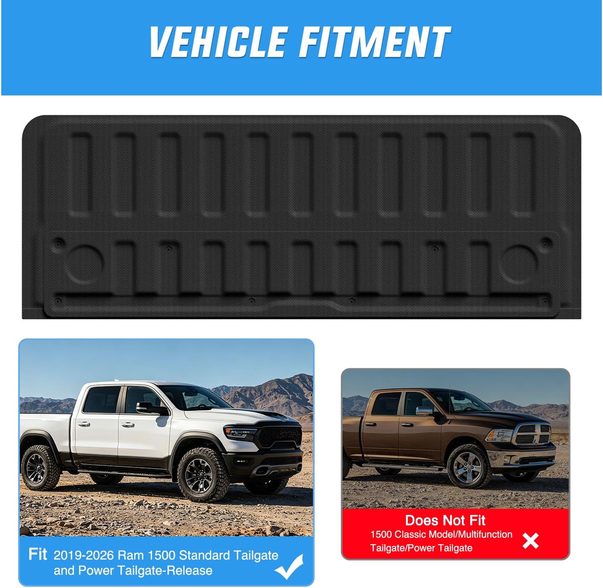 Tailgate Mat for Ram 1500 2019-2026 Standard Power Release Tailgate (Not Fit Classic Multifunction Full Power) All Weather TPE Anti Slip Truck Tailgate Protector Liner