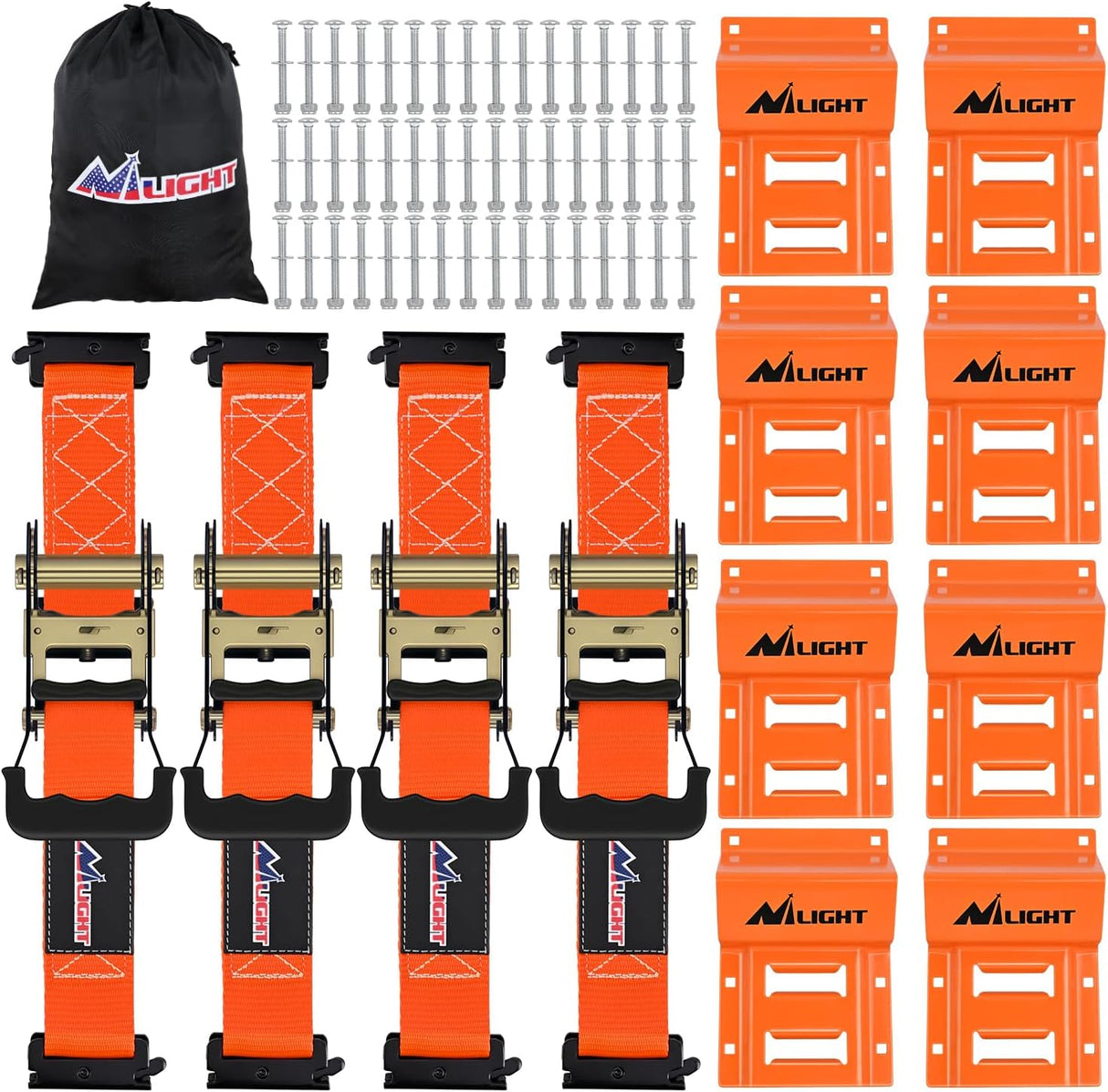 Wheel Chock Tie Down Kit 4500lb Break Strength 4Pcs E-Track Ratchet Straps 8 Pcs Heavy Duty Trailer Tire Straps System for ATV, UTV, Lawn Mower,SXS 10 in-30 in Diameter Tires Orange