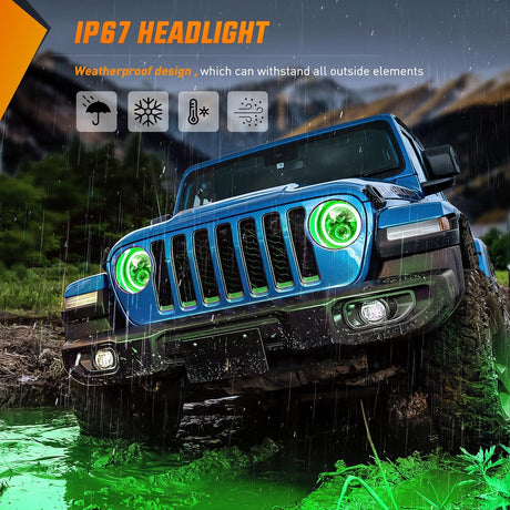 7 Inch Round LED Halo Headlights w/Turn Signal Amber Light Green DRL High Low Beam 7 Inch Headlight Compatible with 2007 2008 2009 2010 2011 2012 2013 2014 2015 2016 2017 2018 Wrangler JK JKU