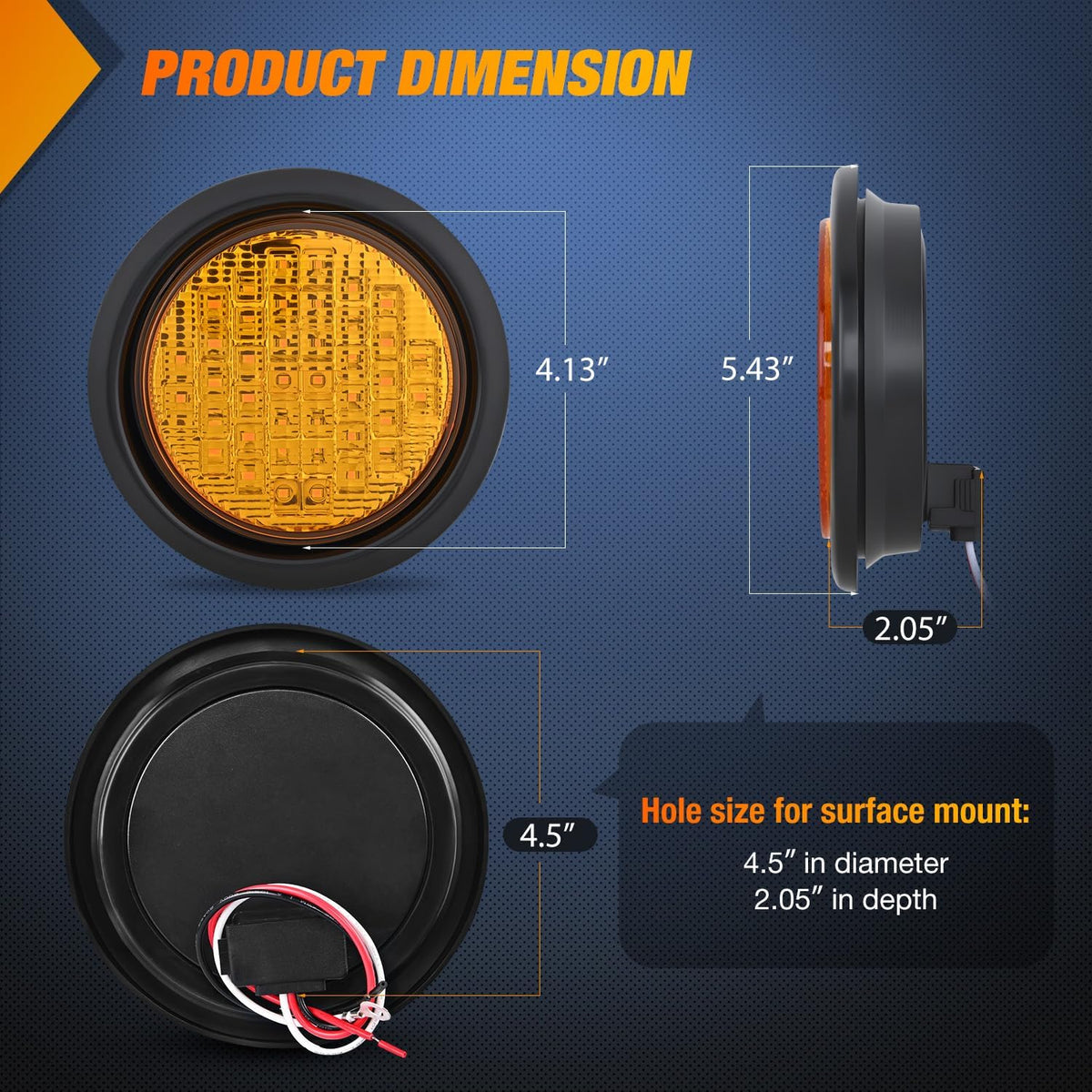 Trailer Tail Lights 2PCS 4Inch Round 40LED Amber Turn Signal | Surface Mount Grommet Plugs IP67 Waterproof Marker Clearance Running Taillights for Trailer Truck Pickup Camper RV Bus