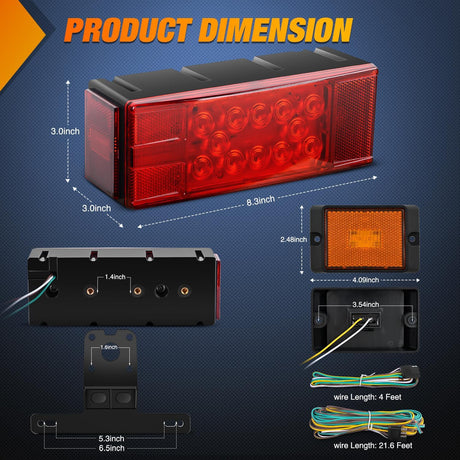 Rectangular Trailer Light Kit 2PCS Stop Turn Tail Side Marker License Lamps Submersible Waterproof For 12V Utility Boat Camper RV Trucks