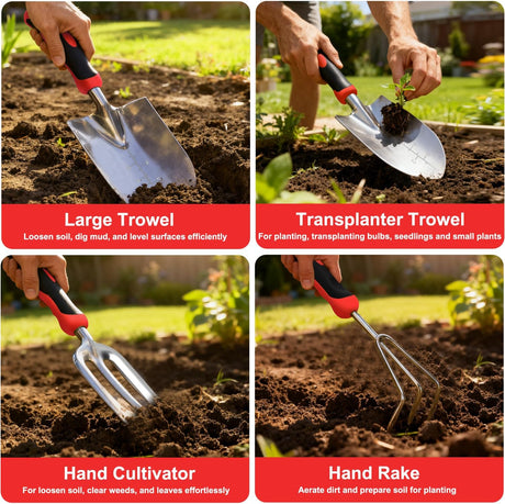 Gardening Tools 9-Piece Heavy Duty Garden Tool Set Gardening Supplies Gifts for Women Men Gardening Hand Tool Kit with Non-Slip Ergonomic Handle, Garden Bag, Durable Gloves, Pruning Shears, Red