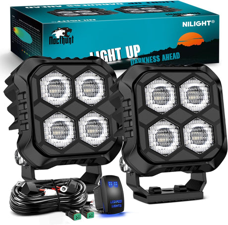 LED Pod Light 2 PCS 2.8 Inch 20 W 4 LED Square Hyper Flood Beam Driving Offroad Lights w/18AWG Rocker Switch Wiring Harness Kit for Truck Motorbike Boat ATV UTV SUV