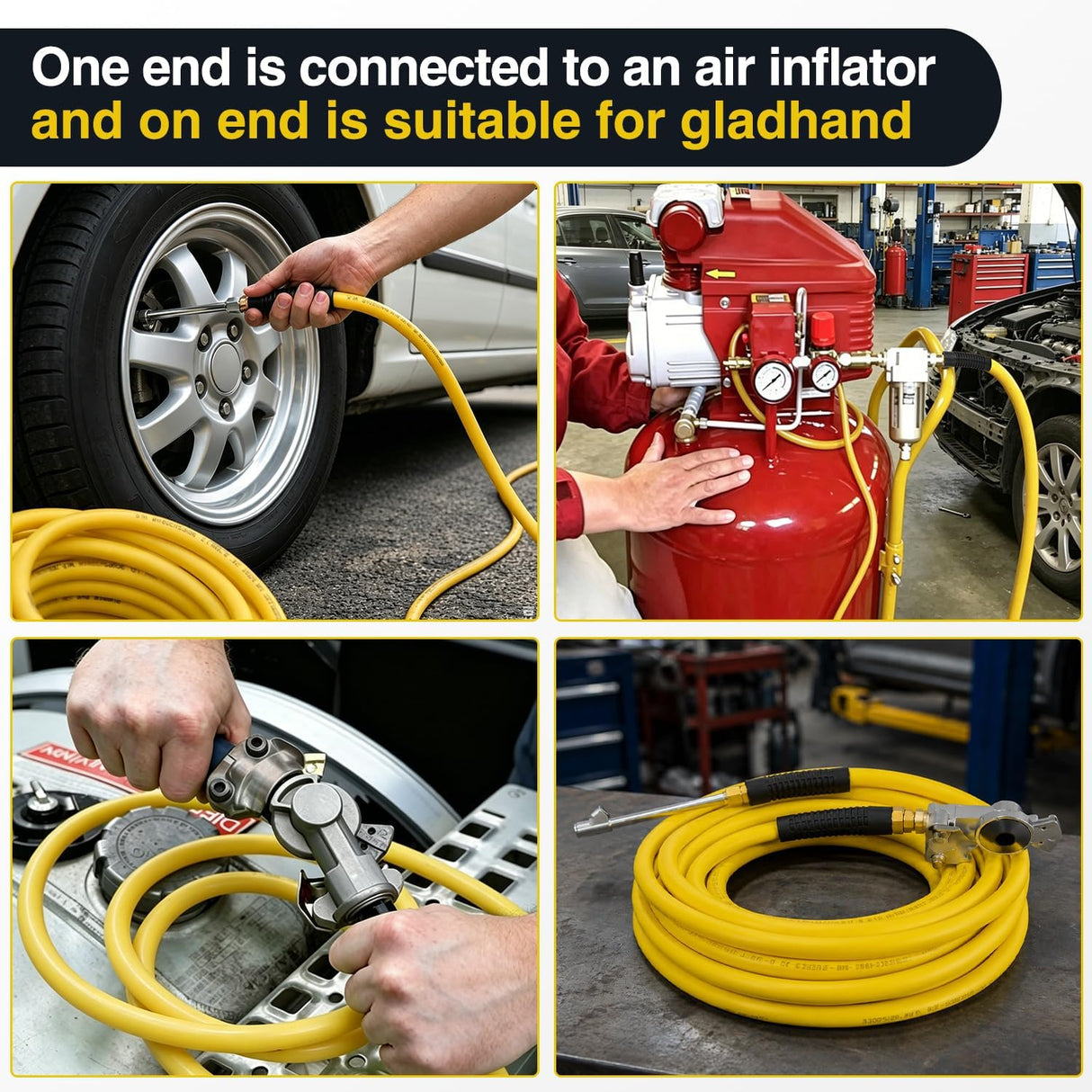 Heavy Duty Truck Tire Inflator Kit 3/8 in x 50 FT 300 PSI | Hybrid Air Hose with Universal Glad Hand and Air Chuck Lightweight Kink Resistant Semi Trailer Tractor Tire Inflation Hose