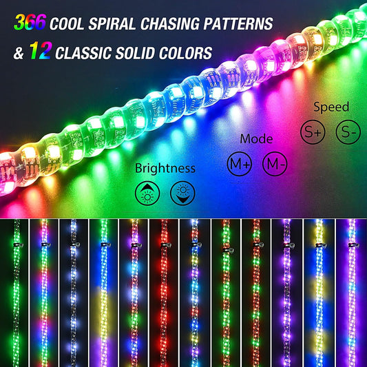 LED Whip Light 2Pcs 2FT Spiral Antenna Led Whip Light RF Remote Control | 8.6FT Wire 5Pin Switch