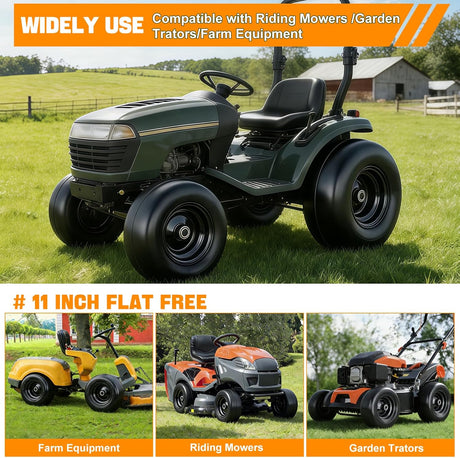 11x4.00-5 Solid Lawn Mower Tires, 11 Inch Flat-Free Polyurethane Tire with 3/4 Inch Axle Bore & 3.4 Inch Hub Length, Airless Replacement Wheels for Lawn Mowers, 2 Pack