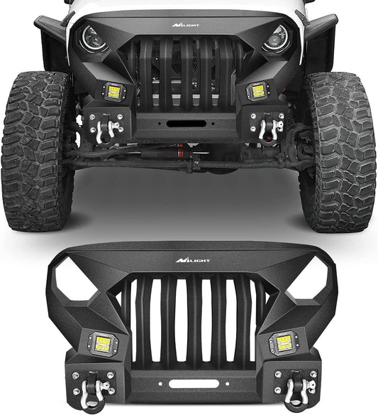 2007-2018 Jeep Wrangler JK & Unlimited 2/4 Doors Front Bumper Grill with Winch Plate 2Pcs 42w LED Work Light Pods Textured Black Solid Steel Off-Road Nilight