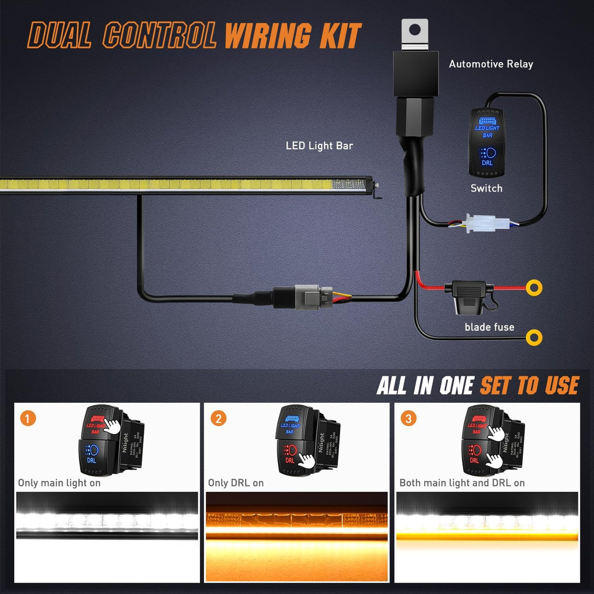 LED Light Bar with Amber DRL 50.5 Inch 210 W Single Row Anti-Glare Flood Spot Combo Slim Offroad Lights IP68 w/ 12 AWG DT Wiring Kit for Pickup Truck SUV ATV UTV Boat 4x4