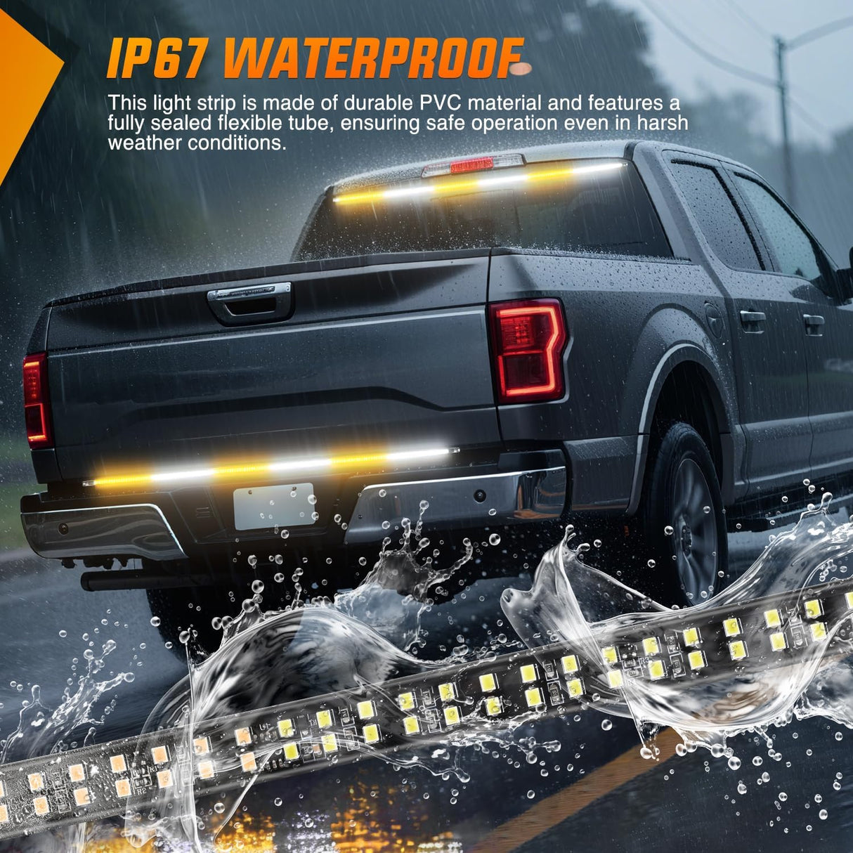 48 Inch Truck Tailgate Strobe Light Strip Tail Emergency Bar Rear Window Warning Lamp Ultra-Bright Double Row 288 LED for Pickup Trailers Construction Vehicles Car SUV, Amber White