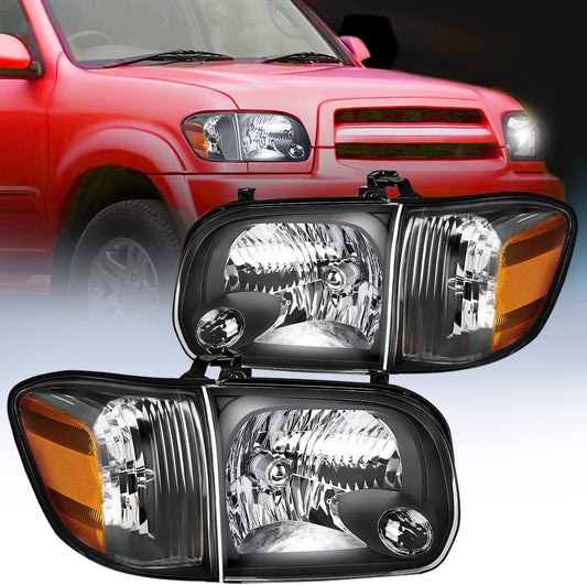 2005-2006 Toyota Tundra 4 Door Double Crew Cab 2005-2007 Sequoia Headlight Assembly Black Case Amber Reflector Nilight