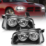 Headlight Assembly Compatible with 2006 2007 2008 2009 2010 Dodge Charger Black Housing Clear Reflector Lens Headlights Replacement Bumper Lamp Set Driver and Passenger Side