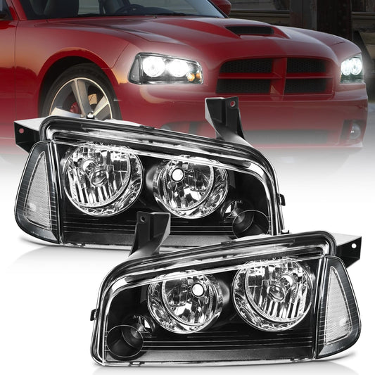 Headlight Assembly Compatible with 2006 2007 2008 2009 2010 Dodge Charger Black Housing Clear Reflector Lens Headlights Replacement Bumper Lamp Set Driver and Passenger Side