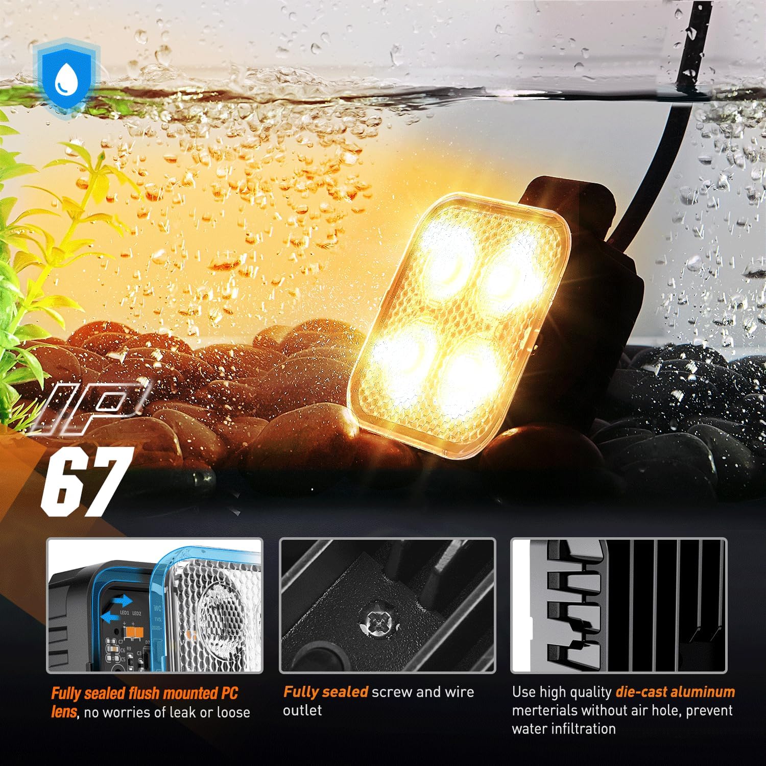 3" 15W 2100LM Square Amber Flood Built-in EMC Led Work Lights (Pair) Nilight