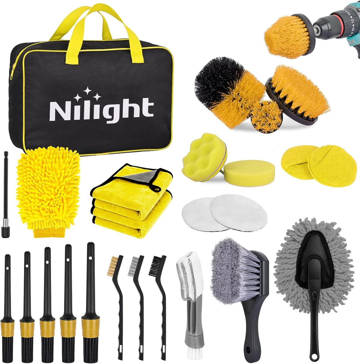 Automotive Tools 27PCS Car Detailing Kit Auto Cleaning Tools Wash Set with Storage Carry Bag Home Use for Interior Exterior Deep Clean Polish Car Care Windshield Dashboard Seat Air Vents Wheels Tires, Yellow