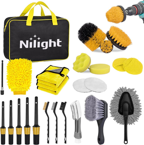 Automotive Tools 27PCS Car Detailing Kit Auto Cleaning Tools Wash Set with Storage Carry Bag Home Use for Interior Exterior Deep Clean Polish Car Care Windshield Dashboard Seat Air Vents Wheels Tires, Yellow