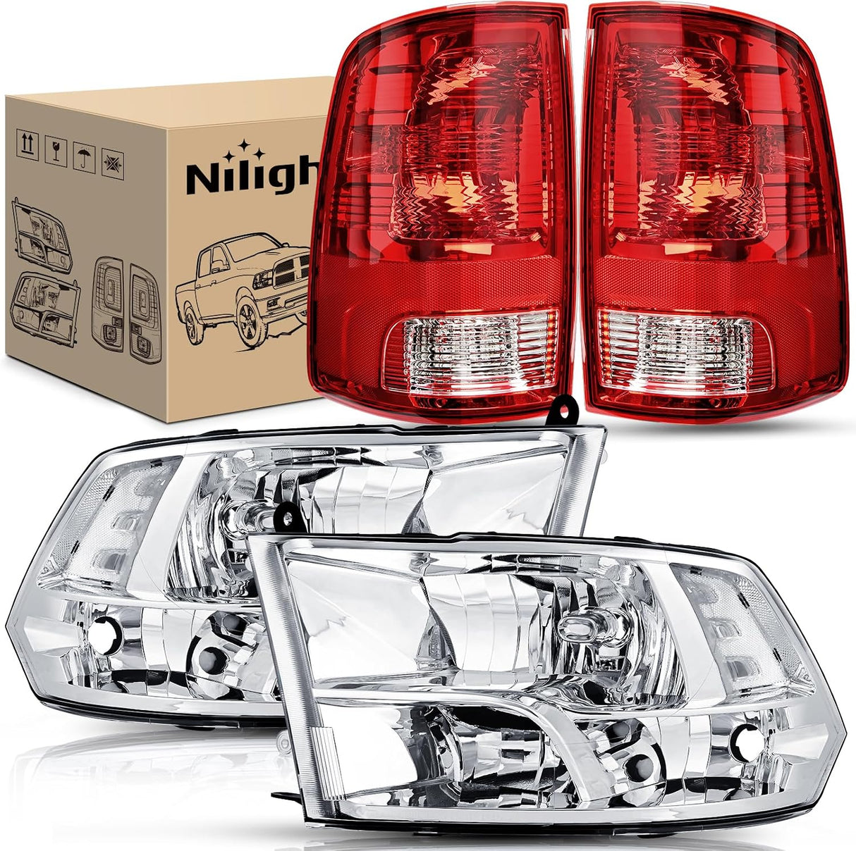 Headlight and Taillight Assembly Combo Compatible with 2009 2010 2011 2012 2013 2014 2015 2016 2017 2018 Dodge Ram for Quad Models Chrome Housing Clear Reflector with Red Housing Tail Light