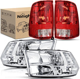 Headlight and Taillight Assembly Combo Compatible with 2009 2010 2011 2012 2013 2014 2015 2016 2017 2018 Dodge Ram for Quad Models Chrome Housing Clear Reflector with Red Housing Tail Light